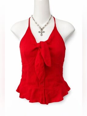 Japna Red Tie Front Camisole Top NWT Medium Ruffle Hem Boho Summer